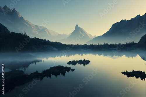 Sunrise in the mountains beside the lake 