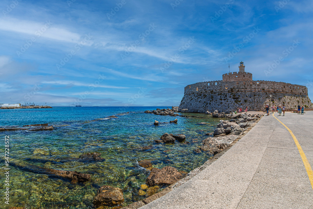 Saint Nicolas Fortress Tower in the Mandraki Marina, Rhodes, Greece