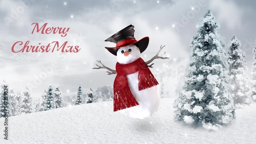 Smiling snowman, sky background with trees with snowflakes