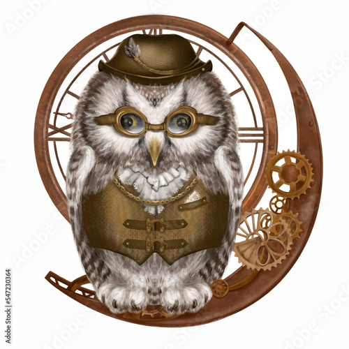 Cute watercolor owl in a steampunk style business suit on a transparent background. Watercolor drawing made by hand.