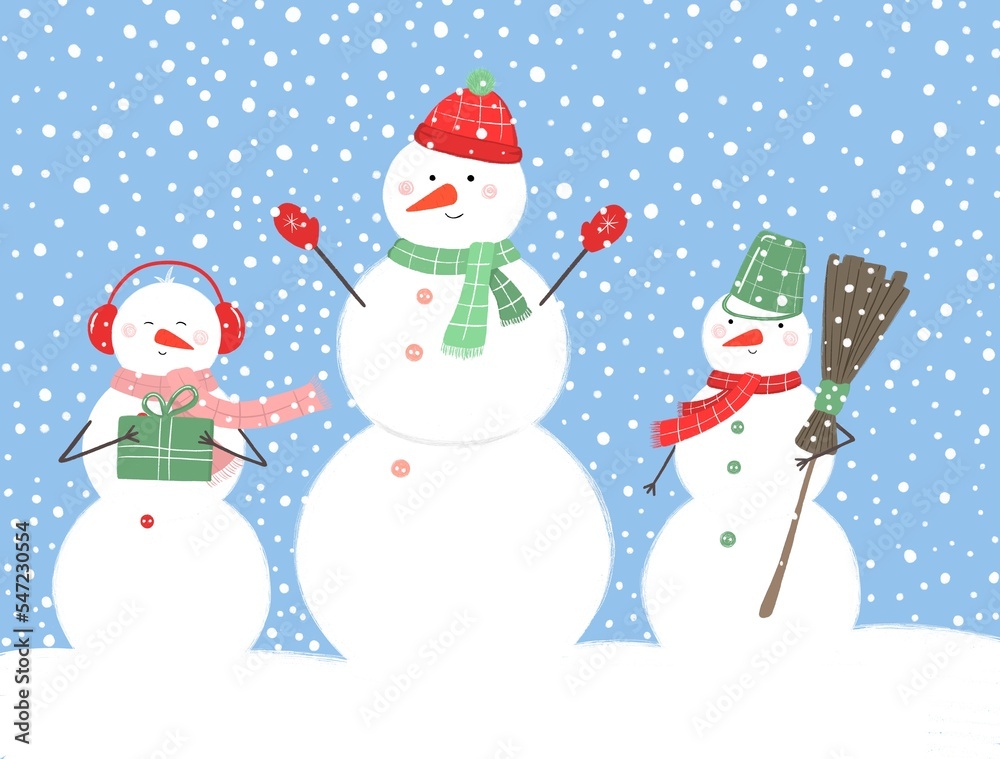 Funny snowmen on a blue background. A doodle-style illustration made with curved lines. Design for greeting cards and other purposes.