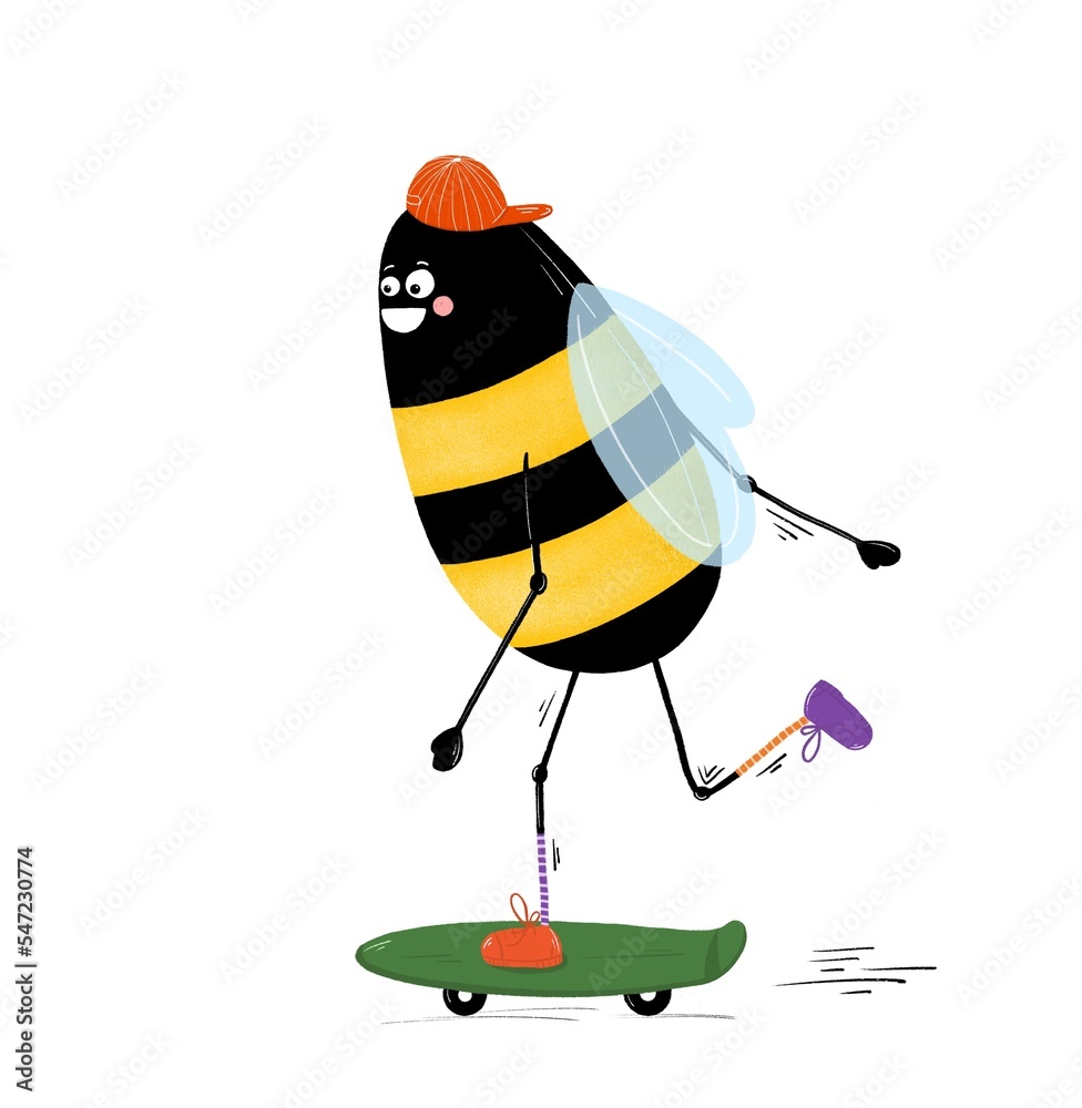 Obraz premium Funny bee rides a skateboard. Sports and recreation. The concept of a favorite activity. Illustration drawn in the style of a doodle, with curved lines. Digital illustration.