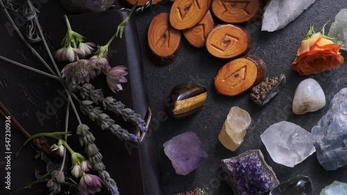 top view wooden runes and gem stones