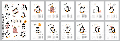 Vertical wall calendar design template for 2023. Set for 12 months. Vector images with cute animals, penguins.