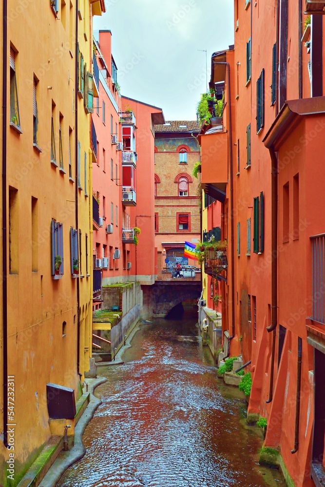 view of the Moline canal from the window of Via Piella in the city of Bologna in Italy