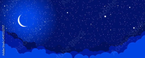 Starry night sky with clouds and crescent. Vector fantasy background
