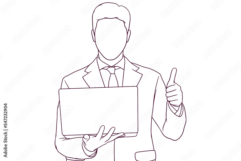 businessman with laptop showing ok gesture hand drawn style vector illustration businessman with laptop showing ok gesture hand drawn style vector illustration