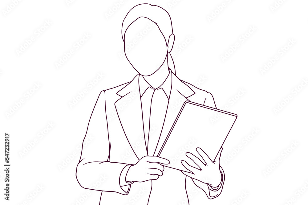 businesswoman with tablet hand drawn style vector illustration businesswoman with tablet hand drawn style vector illustration