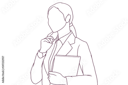 businesswoman thinking hand drawn style vector illustration