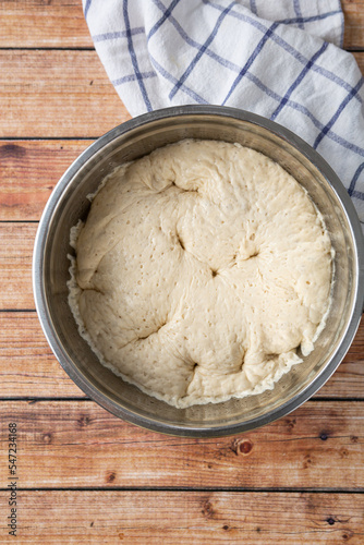 Close up of fermentation making gough sourdough in bowl top view