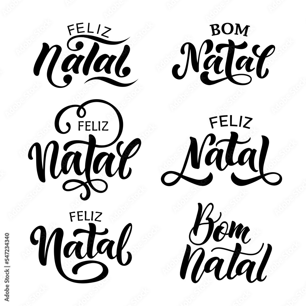Feliz Bom Natal text meaning Merry Christmas in Portuguese, hand drawn lettering typography. Set of  holiday quotes. Modern brush calligraphy. Design for poster, greeting card. Vector illustration