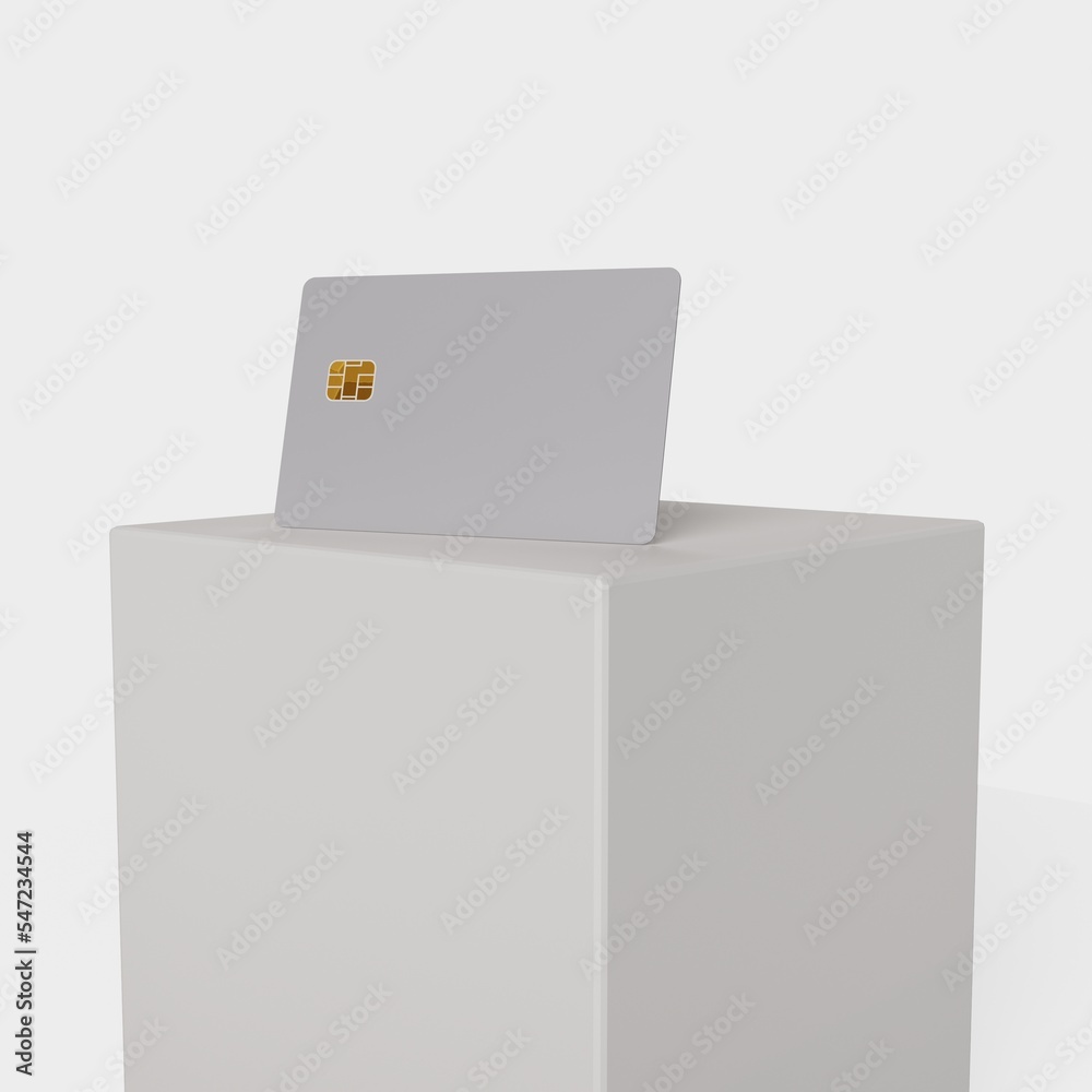 Square exhibition stand with a bank card. Template for creating a mock-up of a bank card. Presentation of the design. 3D rendering. Square exhibition stand with a bank card. Template for creating a mock-up of a bank card. Presentation of the design. 3D rendering.