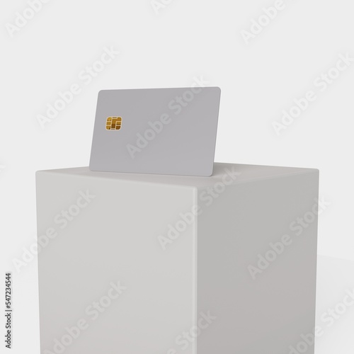 Square exhibition stand with a bank card. Template for creating a mock-up of a bank card. Presentation of the design. 3D rendering.