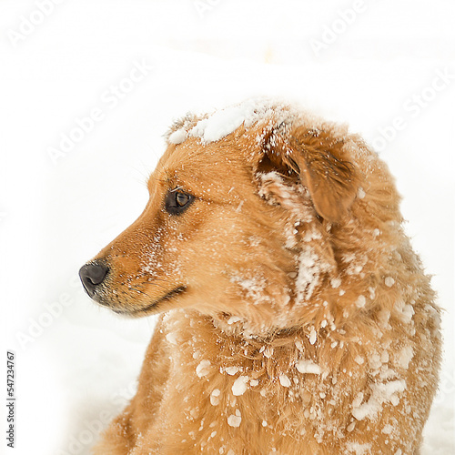Portrait of a red-brown shaggy eared dog on a background of white snow. Snow on wool