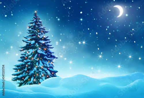 Winter  background . Happy New Year greeting card with copy-space. Night landscape with moon. Christmas tree with  decorations. © Lilya