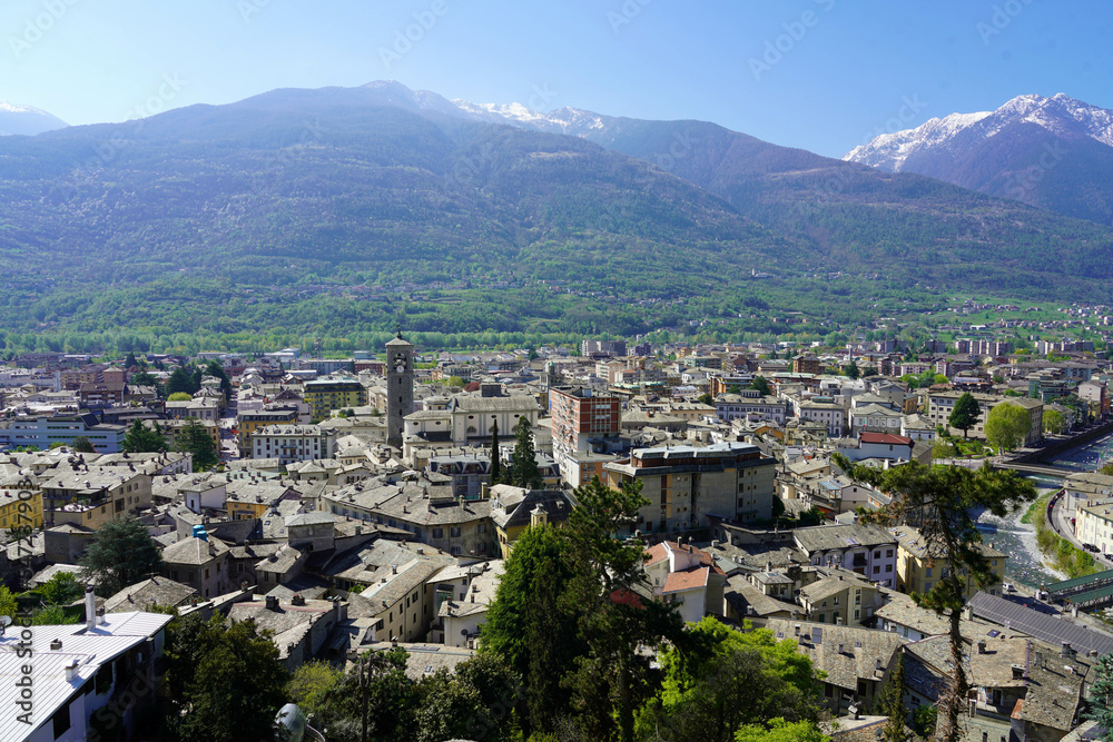 Aerial panoramic view of Sondrio town in Valtellina valley, Lombardy, Italy