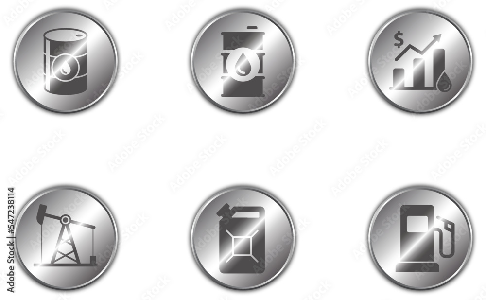 Set of oil industry icons on shiny metallic buttons with shadows underneath. Flat vector illustration. Set of oil industry icons on shiny metallic buttons with shadows underneath. Flat vector illustration.