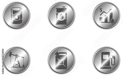 Set of oil industry icons on shiny metallic buttons with shadows underneath. Flat vector illustration.