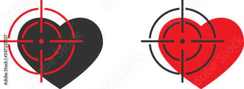 Heart at the gunpoint icon. Hearth with crosshair symbol. Aim icon with heart sign. Flat vector illustration.