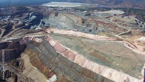 Aerial drone view of Mining activity. Apocalypse scenery. Earth destruction. Disruption of nature.  Extracting natural resources from the Earth to sell on the world market. Ecological disaster.
