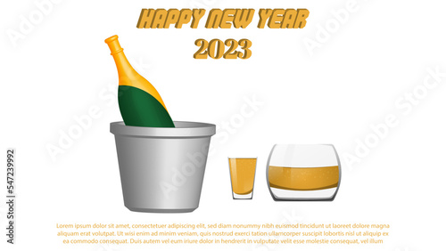 happy new year 2023 banner created with champagne bottle and glass set vector objects.
