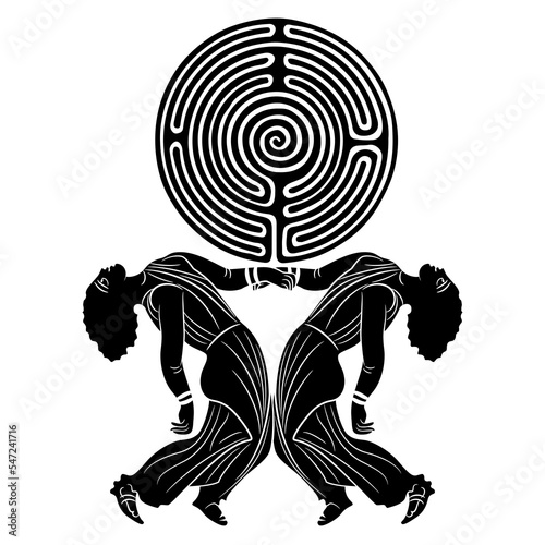 Two dancing ancient Greek women holding a round spiral maze or labyrinth symbol. Maenads in trance. Creative concept. Female mystery. Black and white silhouette.