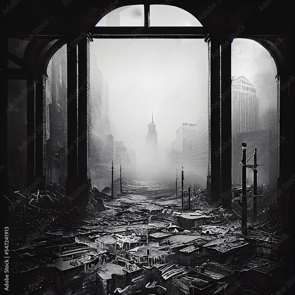 city destroyed by war . Apocalypse battlefield aftermath ruins - obrazy, fototapety, plakaty 