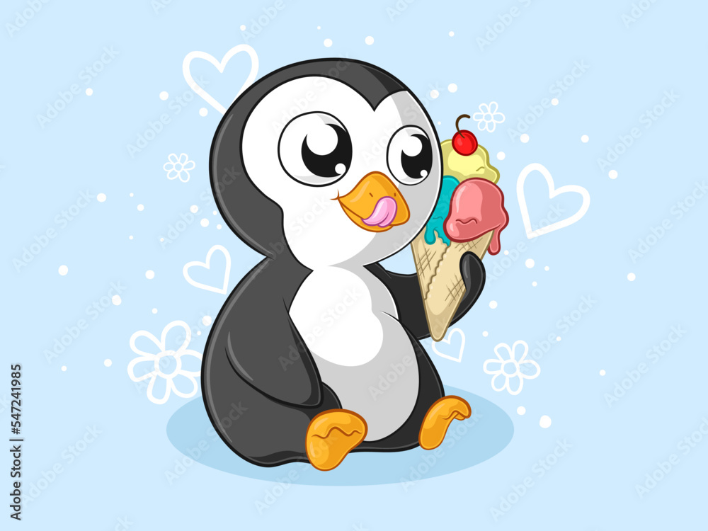 Comic Pinguin mit Eiswaffel