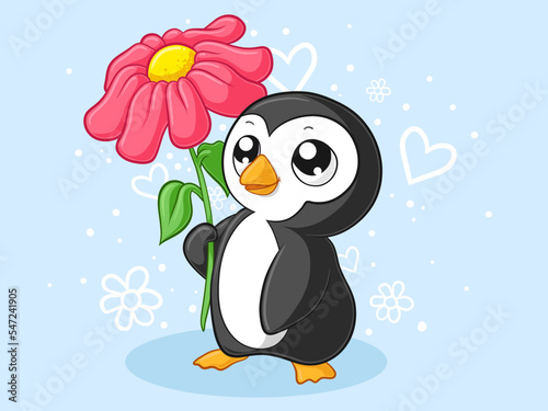 Comic Pinguin mit Blume