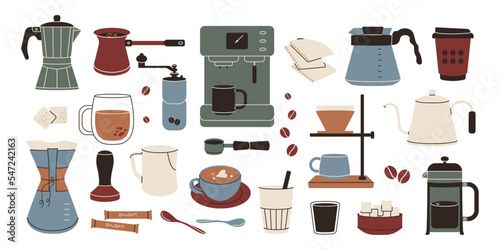 Cartoon coffee devices. Flat coffee machine server french press kettle mug cup pitcher, cafe menu. Vector isolated set
