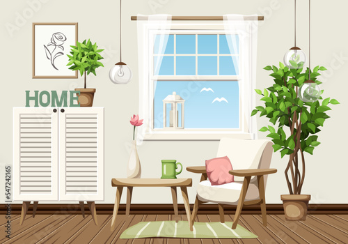 Cozy room interior with a white armchair  a table  a window  a cabinet  and a big ficus tree. Cartoon vector illustration