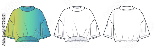 Cropped Tee Shirt technical fashion Illustration, fashion design. Oversize T-Shirt fashion flat technical drawing template, round neck, elastic bottom, front, back view, women, men, unisex CAD mockup.