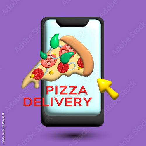 Pizza delivery in one click, buying pizza in a smartphone with home delivery, ordering pizza, pizza with salami, tomato, corn, and onion (3D illustration)