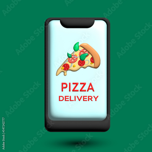  Pizza delivery in one click, ordering pizzas in a smartphone, pizza to order, delicious (advertising 3D style) red and green