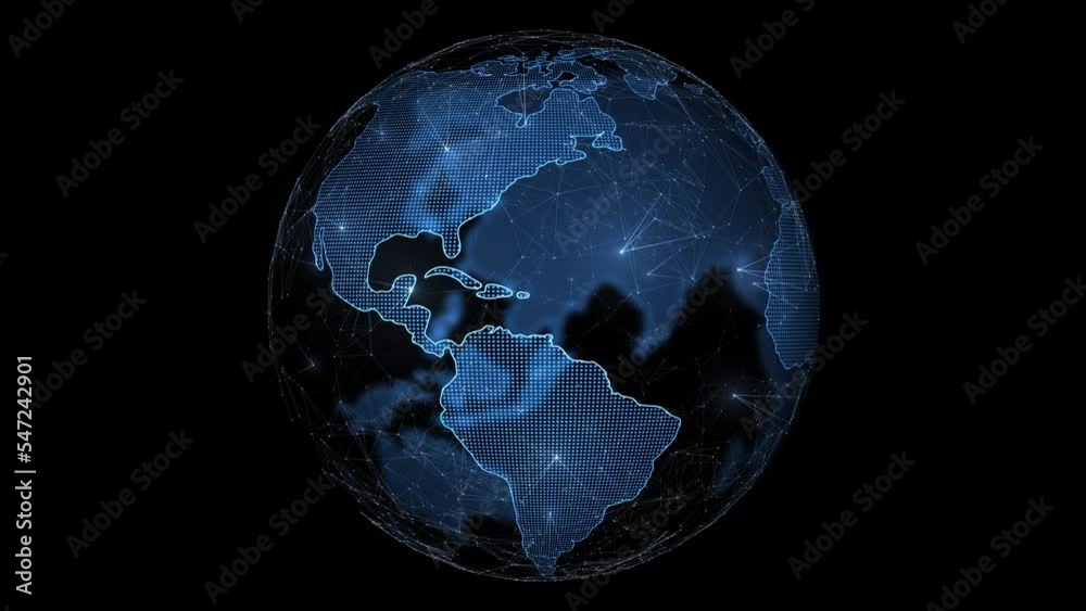 Looped digital earth globe network on black background.