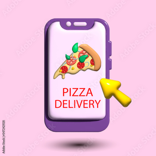 Pizza delivery in one click, ordering pizzas in a smartphone, pizza to order, delicious (advertising 3D style)