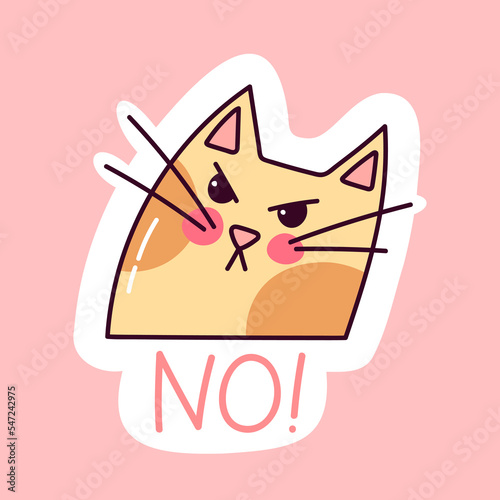 Angry cat NO sticker. Funny doodle kitty character. Hand drawn colorful vector illustration.