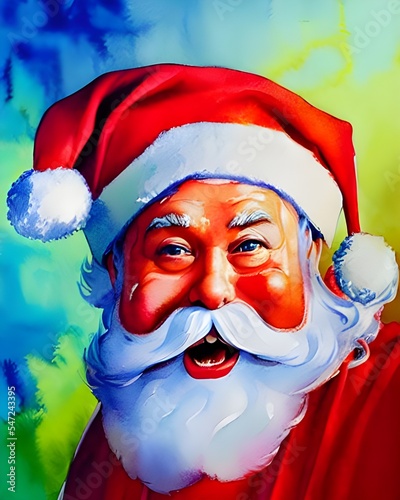 Santa Claus is standing in front of a Christmas tree, wearing a red suit with white fur trim. He has a long white beard and eyebrows, and his cheeks are rosy. His blue eyes twinkle mischievously benea photo