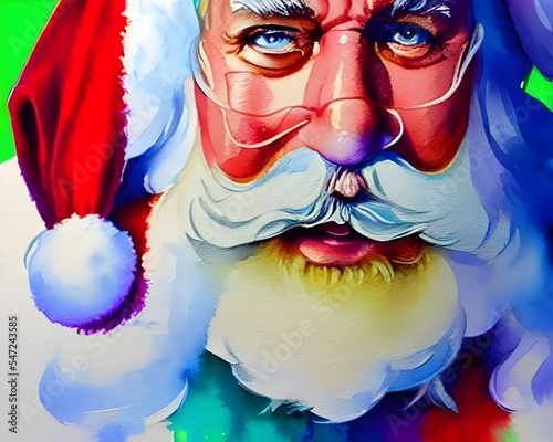 A jolly old man in a red suit is sitting in front of a warm fire, laughing. He has a white beard and mustache, and he's wearing glasses. In his lap is a stack of presents, and next to © dreamyart