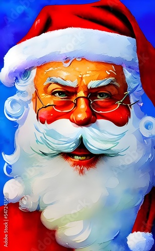 Santa Claus is posing for a Christmas portrait. He is wearing his traditional red and white outfit, and he has a big bag of presents over his shoulder. His beard is long and white, and he has a twinkl photo