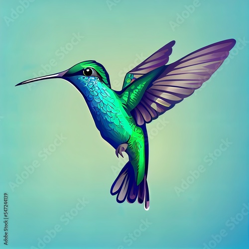 flying blue green hummingbird with a long beak