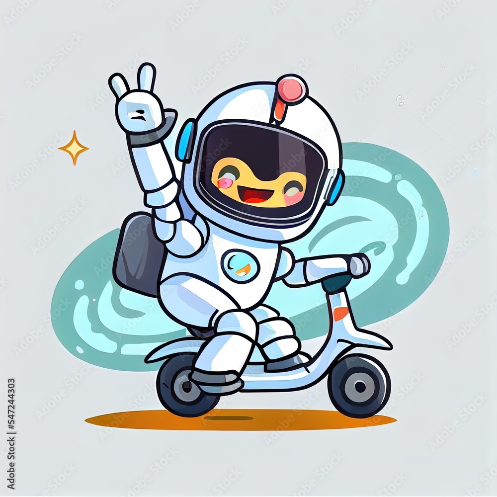 Cute Astronaut Waving Hand On Scooter Cartoon 2d illustrated Icon Illustration. Science Transportation Icon Concept Isolated Premium 2d illustrated. Flat Cartoon Style