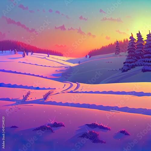 Winter snowy scenery during sunset. Field covered with snow at sunset. Gradient color