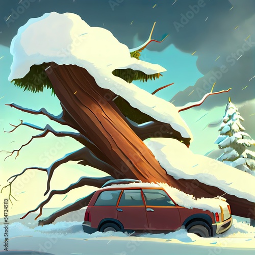 Tall Tree fell on the car and crushed it due to heavy snow storm photo