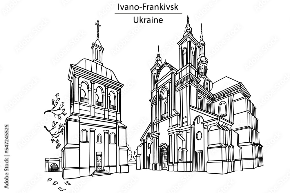 Vector sketch of The Church of Virgin Mary in Ivano-Frankivsk, Ukraine.