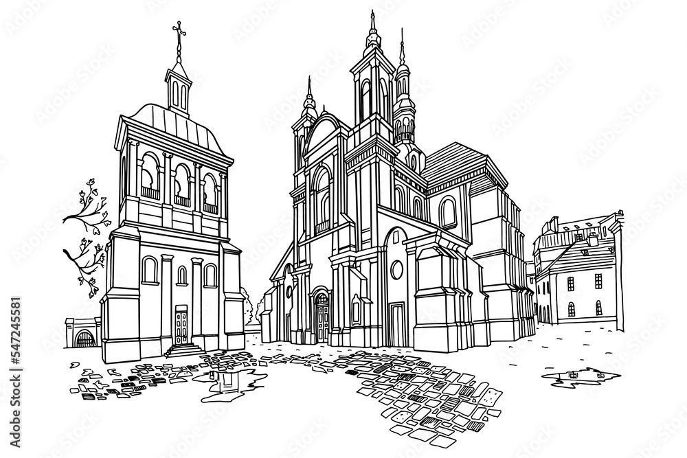 Vector sketch of The Church of Virgin Mary in Ivano-Frankivsk, Ukraine.