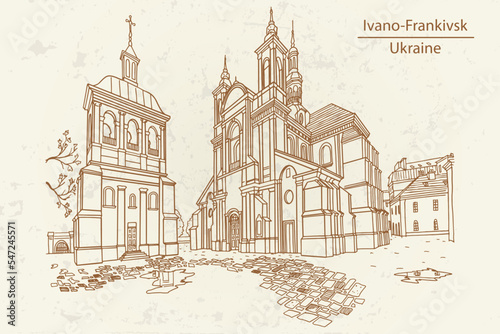 Vector sketch of The Church of Virgin Mary in Ivano-Frankivsk  Ukraine.