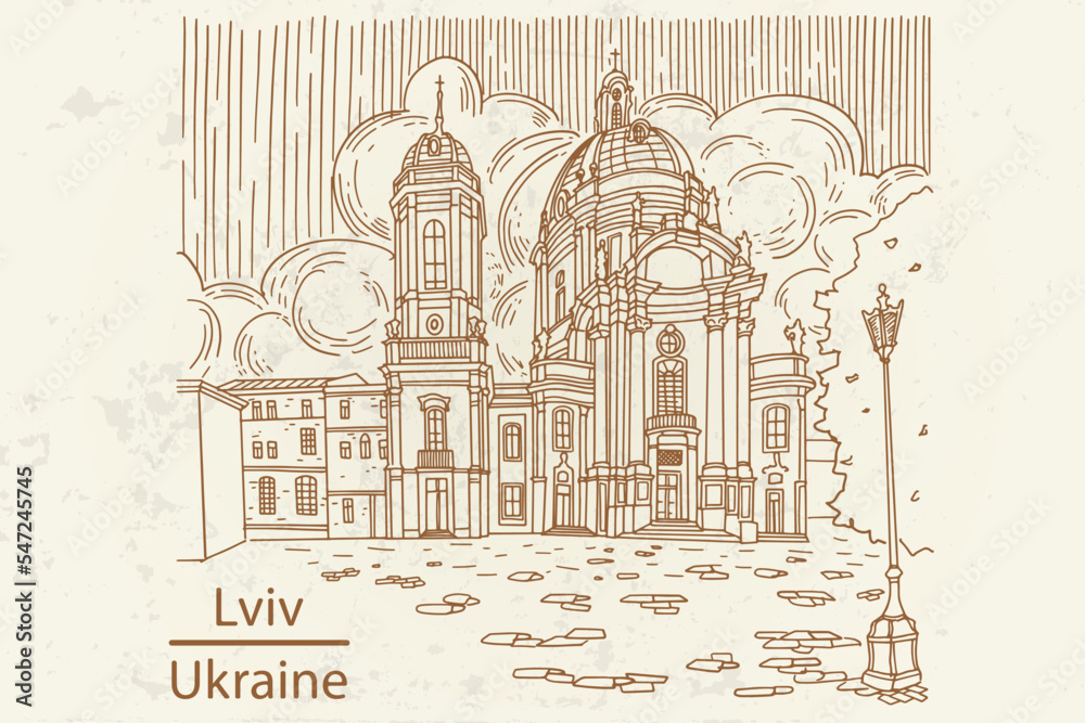 vector sketch of Dominican church and monastery in Lviv, Ukraine. Retro style.