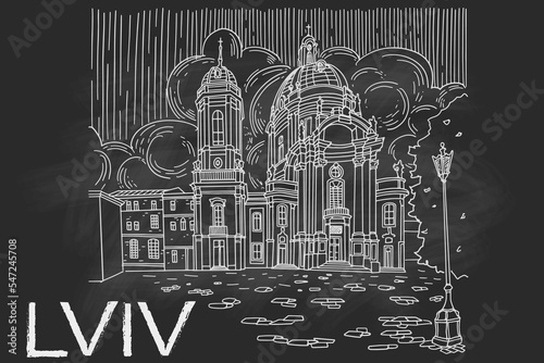 vector sketch of Dominican church and monastery in Lviv, Ukraine. Retro style.