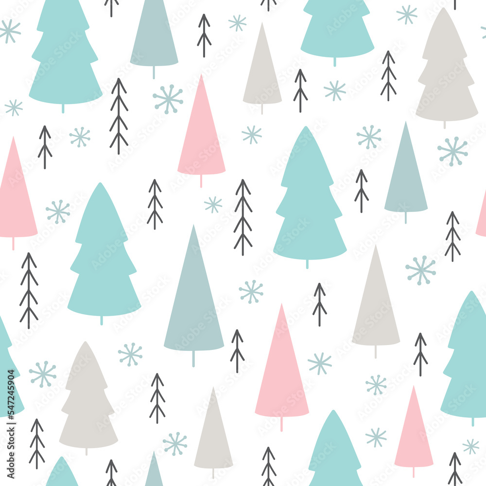 Winter seamless pattern with trees and snowflakes. Vector illustration. It can be used for wallpapers, wrapping, cards, patterns for clothes and other.